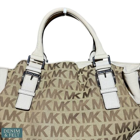 Michael Kors MK Logo Canvas Satchel with Cream Leather Trim & Charm Tote Bag - Picture 5 of 16